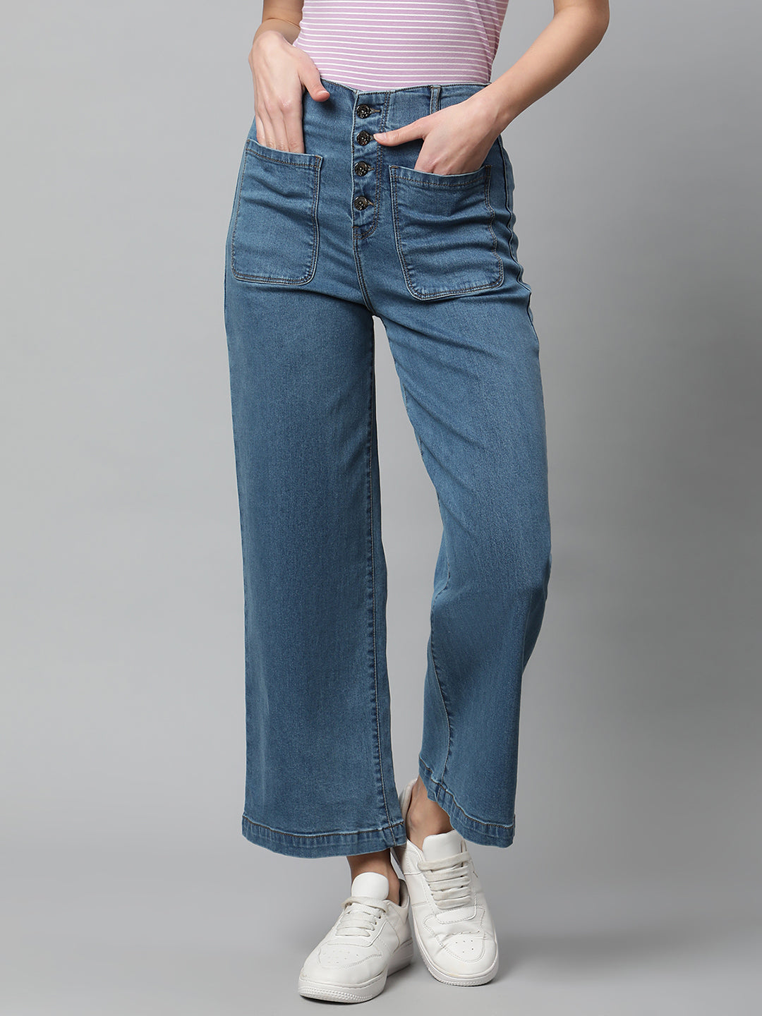 Women High Rise Cropped Length Blue Jeans