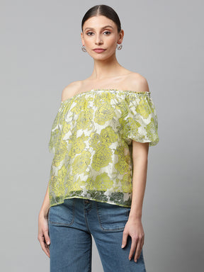 Women Loose Fit Lime Net Floral Printed Top