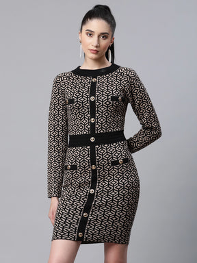 women jacquard black beige knit slim fit party dress