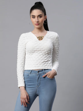 Women Textured Off-White Slim Fit Party Skeevi Top
