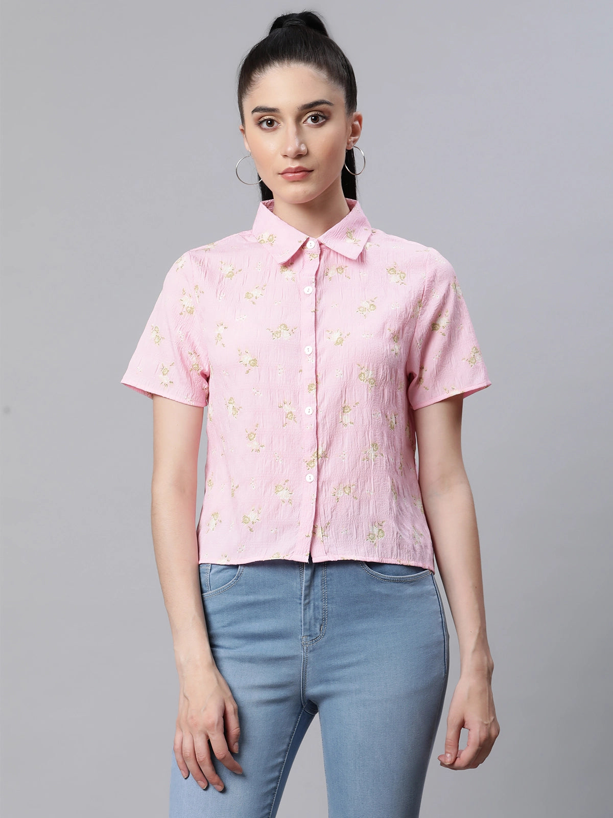 women printed pink poly cotton regular fit casual shirt