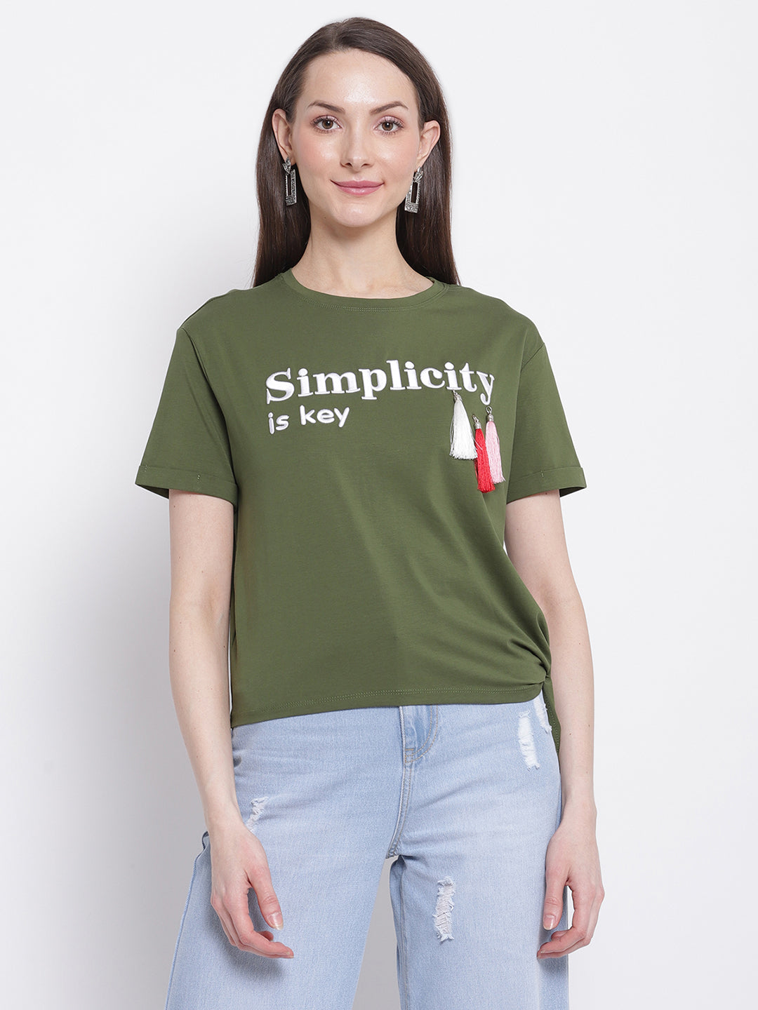 Women Olive Green Print T-Shirt with Knot Details at Hem