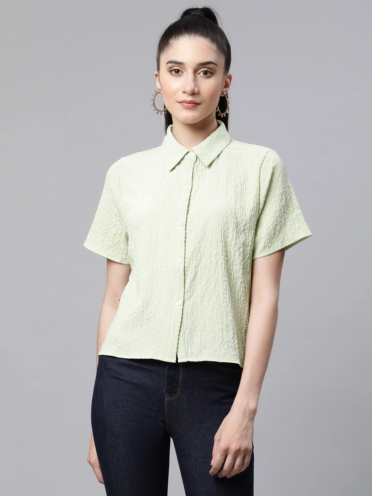 women printed green poly cotton regular fit casual shirt