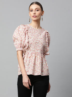 Women Pink & White Floral Peplum Top