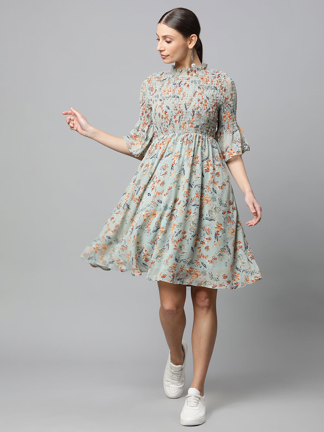 women olive green hosiery floral printed dress