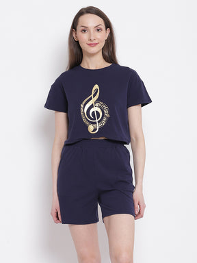 Women Navy-Blue Shortee Music Print Short-Set