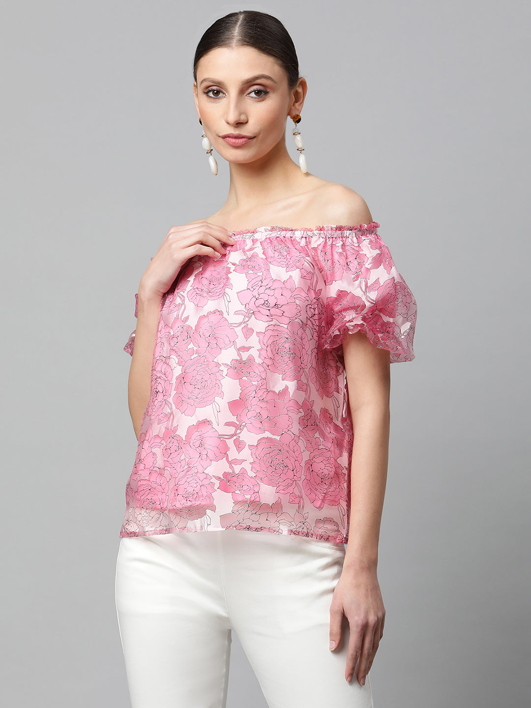 Women Pink Net Floral Off-Shoulder Printed Top