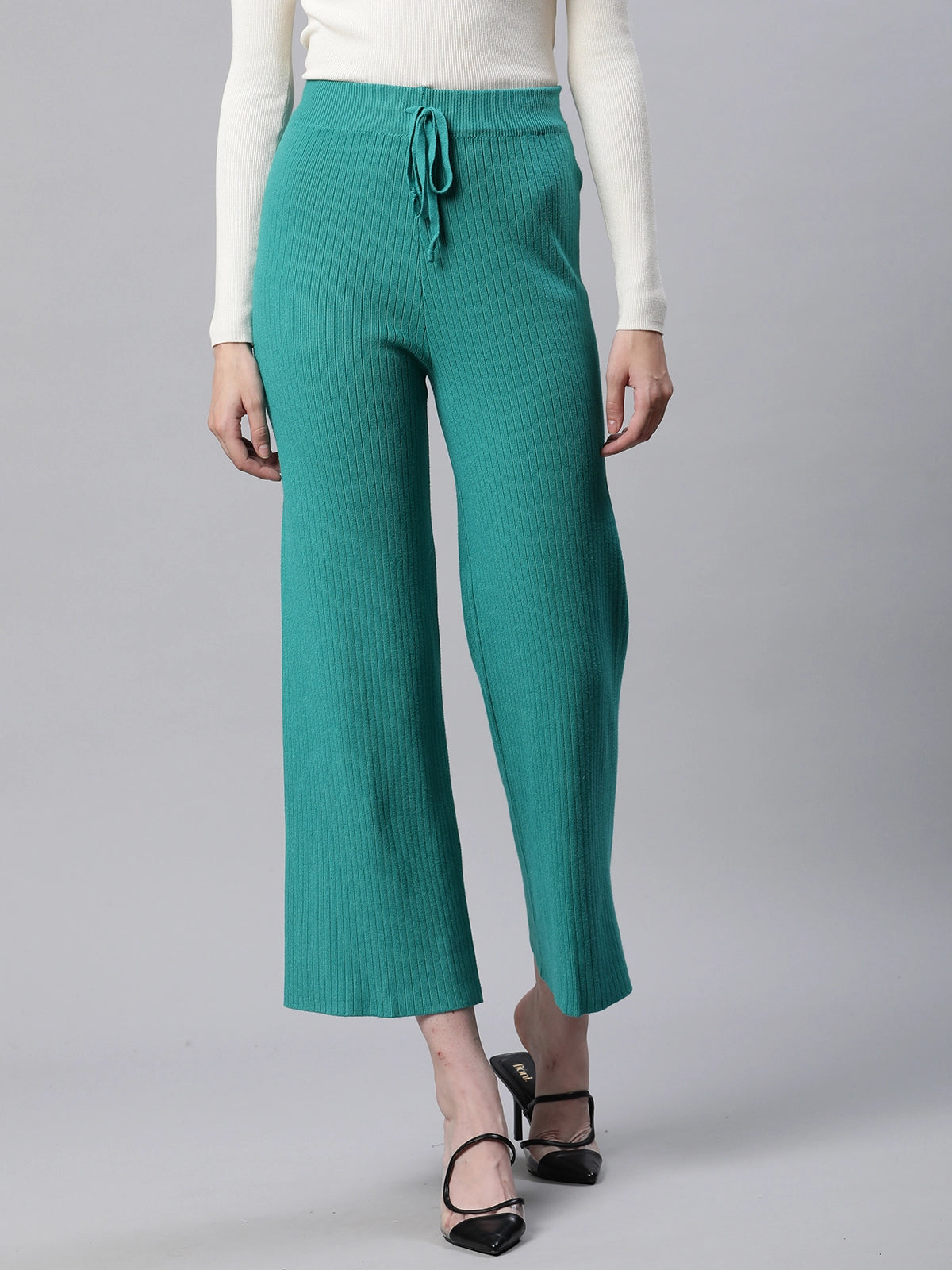 Rib Knit High Rise Green Flared Lower