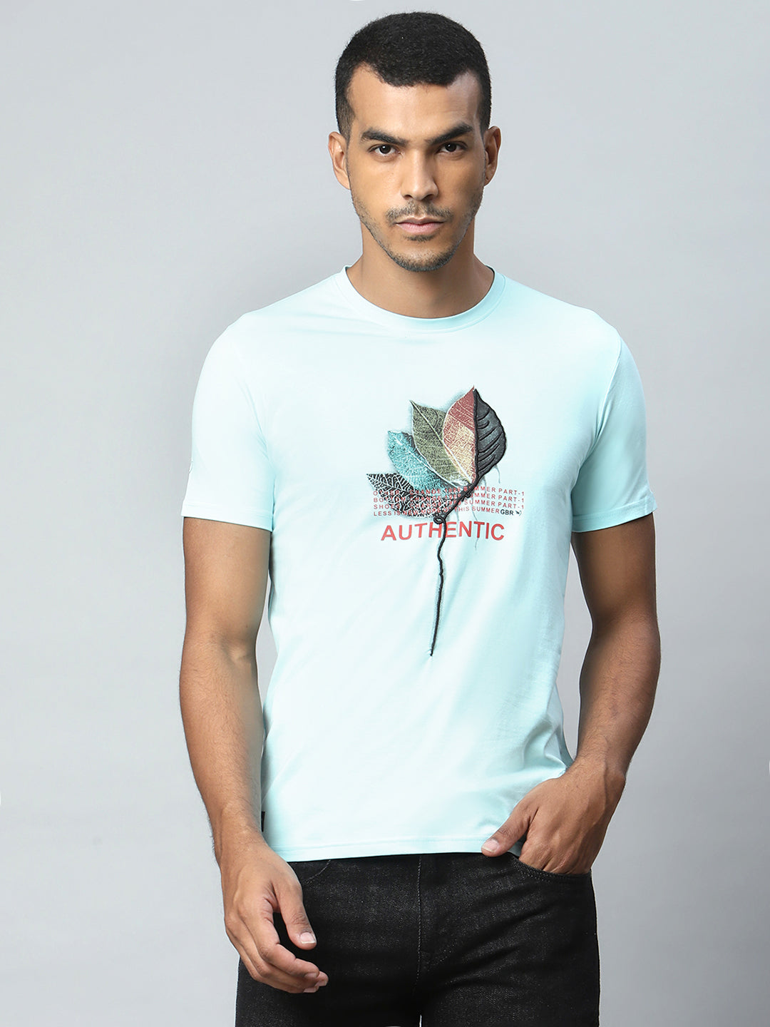 Men Sky Blue Leaf Alpha Printed T-Shirt