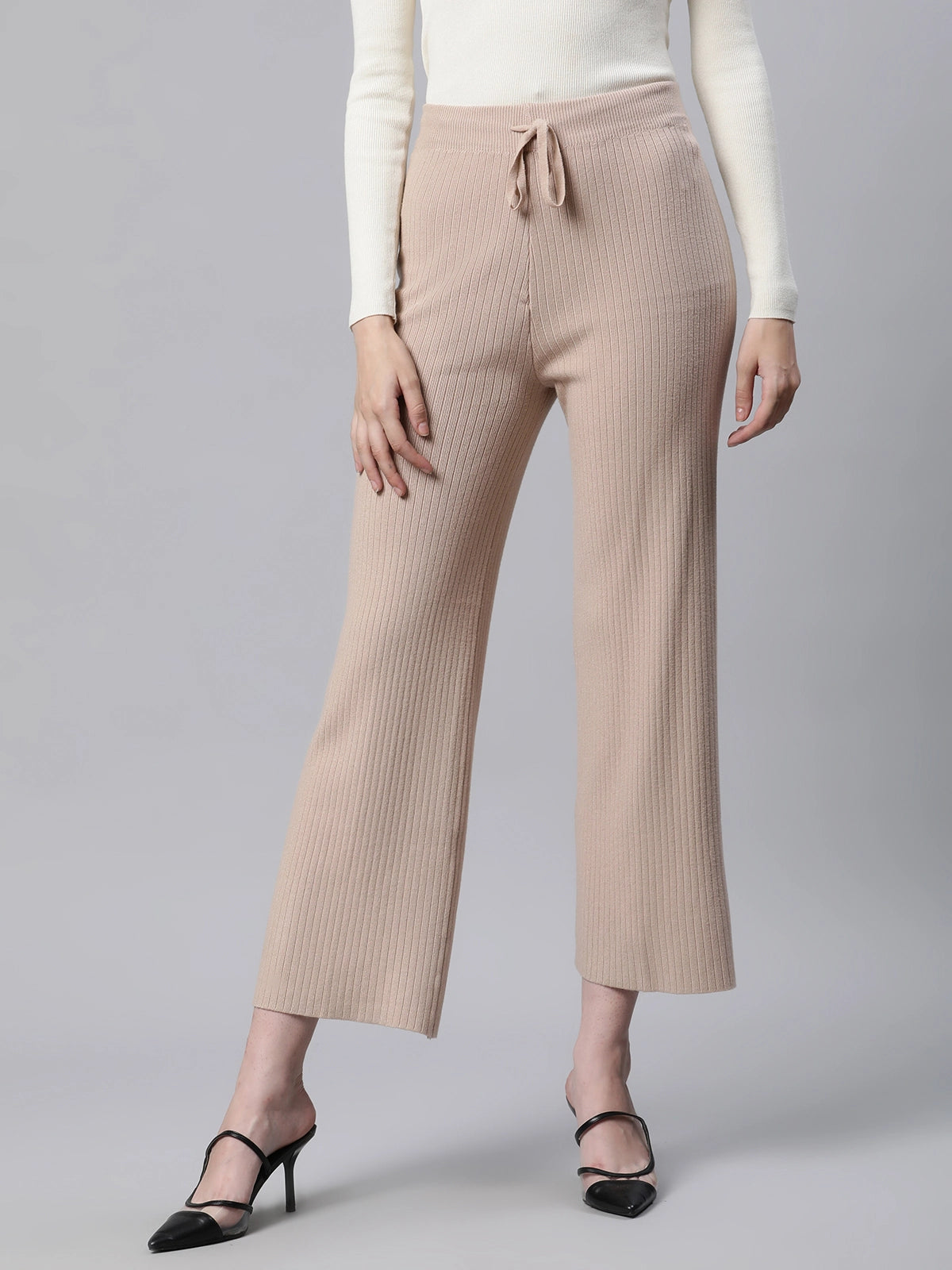 Rib Knit High Rise Beige Flared Lower