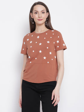 Women Stars Printed Brown Regular Fit T-Shirt