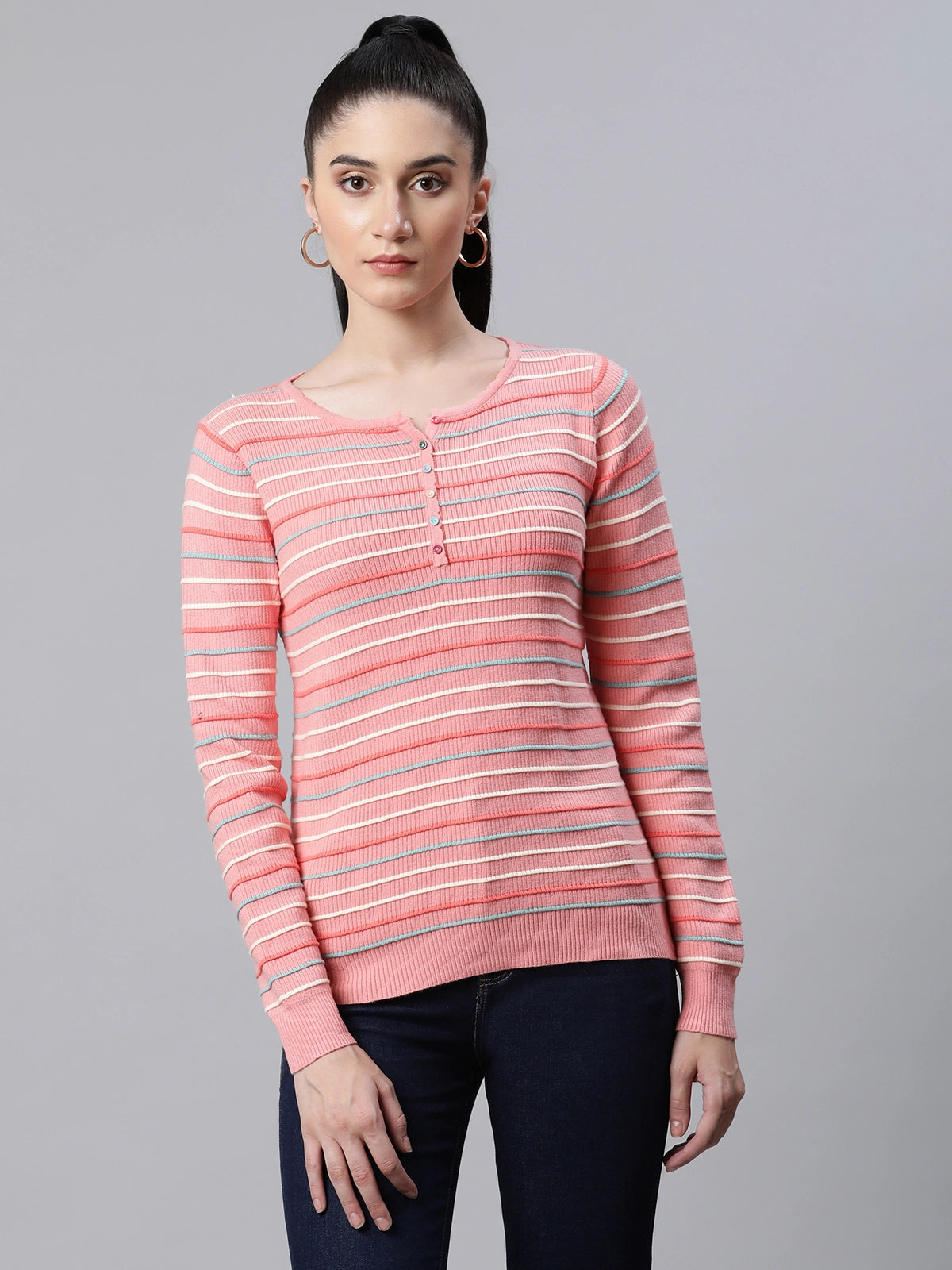 Buy New Design Jacquard Pink Casual Pullover