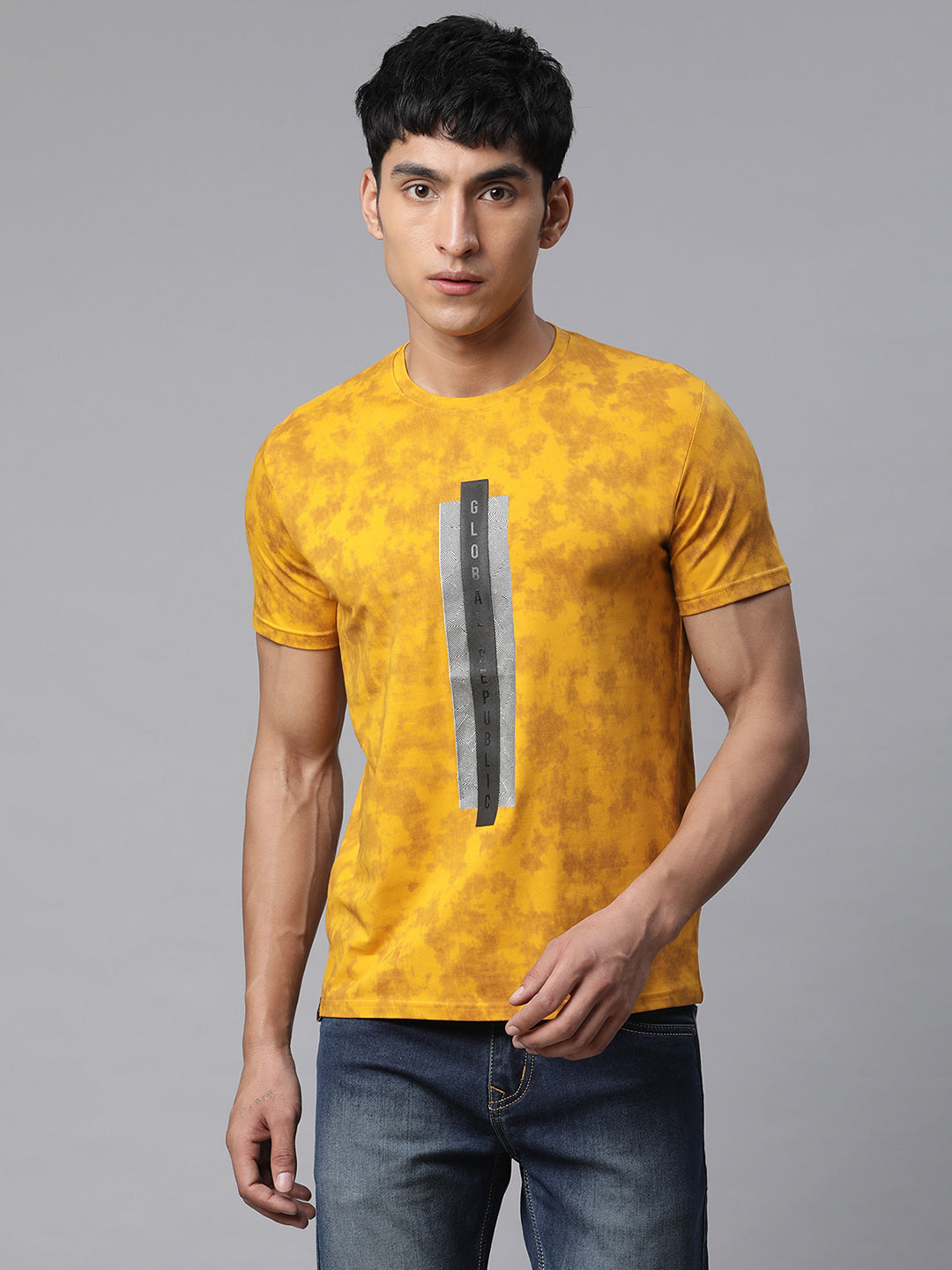 Men Mustard Alpha Printed Illusion T-Shirt