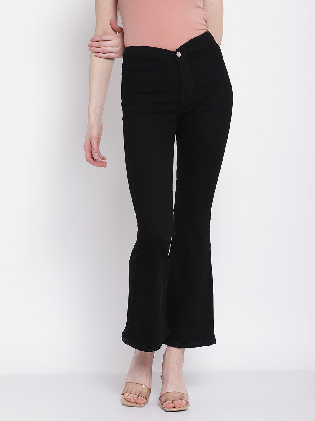 women solid black bell bottom ankle length jeans