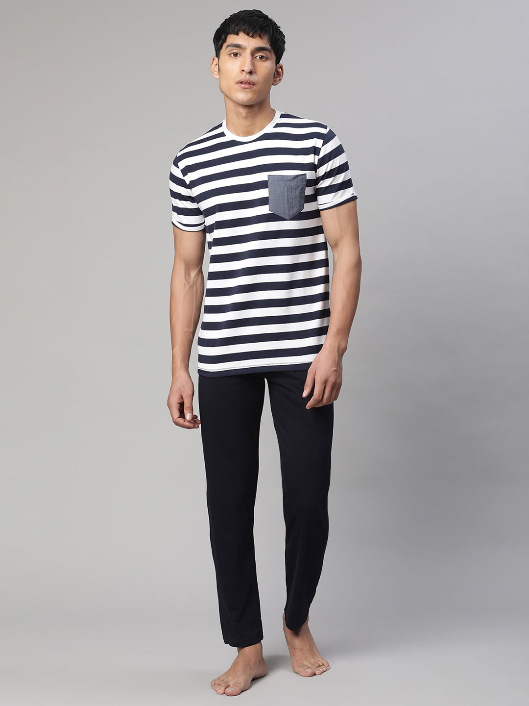 Men Navy Blue Striped Napset - Global Republic