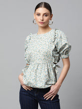 Women Sea Green & Blue Floral Peplum Top