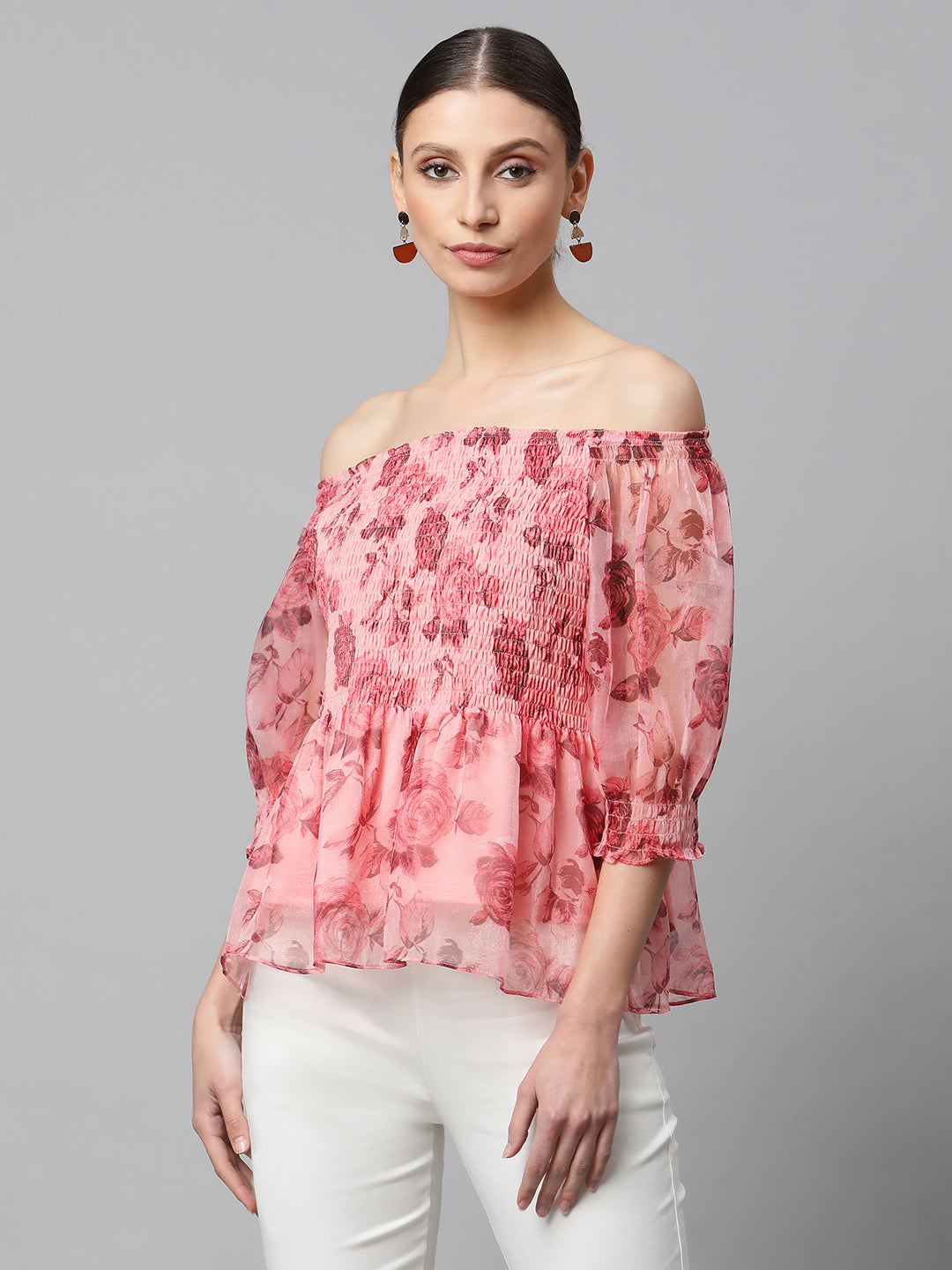 Women Off Shoulder Pink Red Floral Printed Top