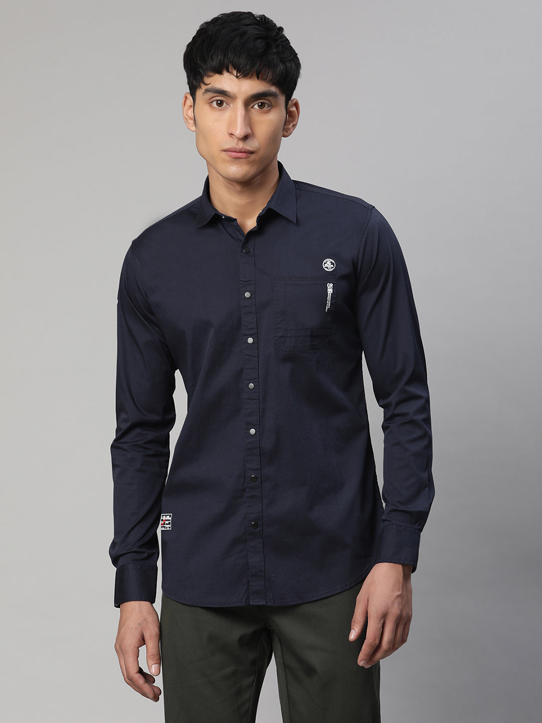 Men Navy Blue Semi Formal Shirt