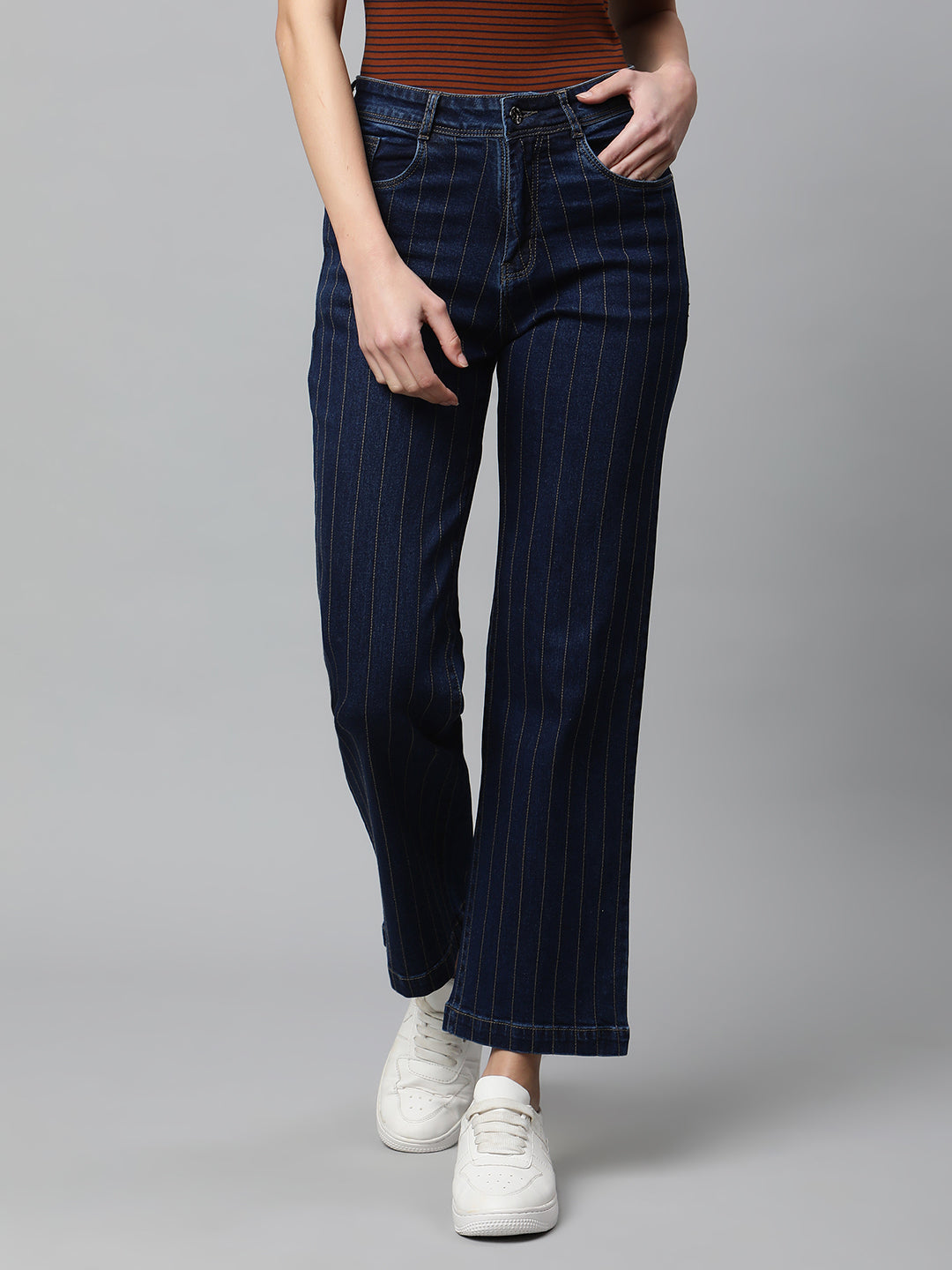 women dark blue high rise jeans