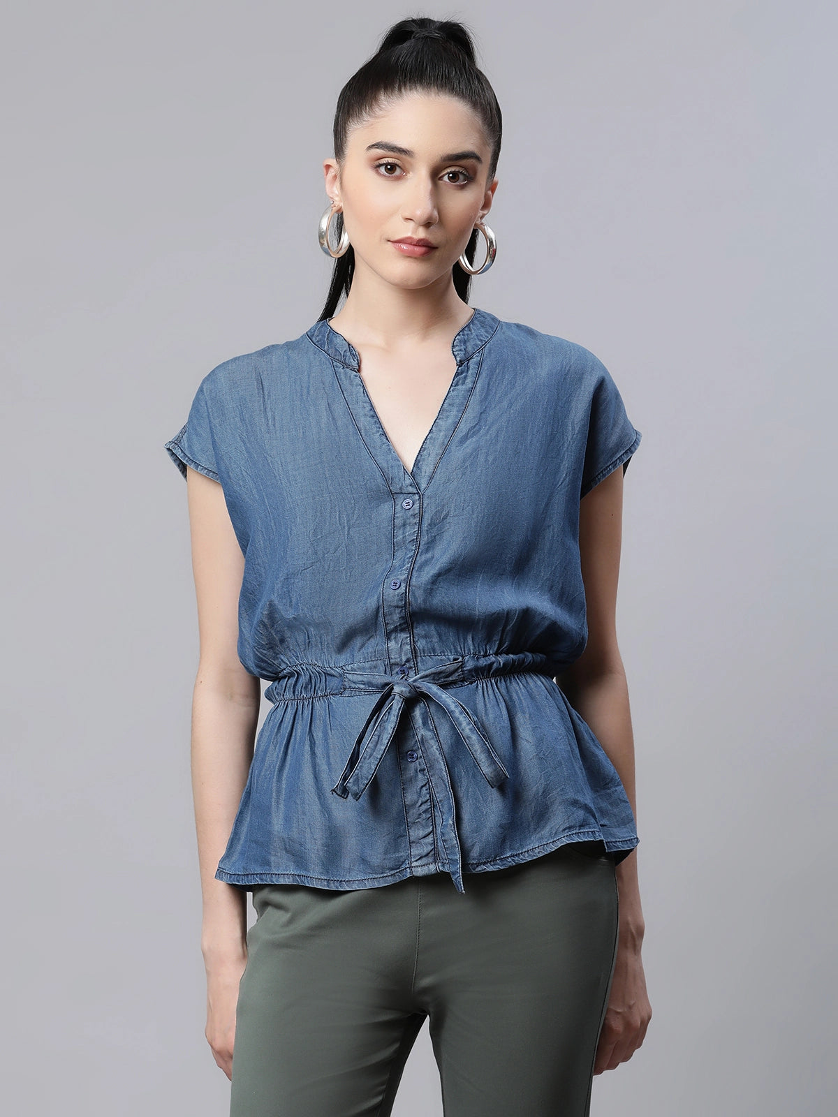 Women Blue Denim Regular Fit Blouson Top With Belt