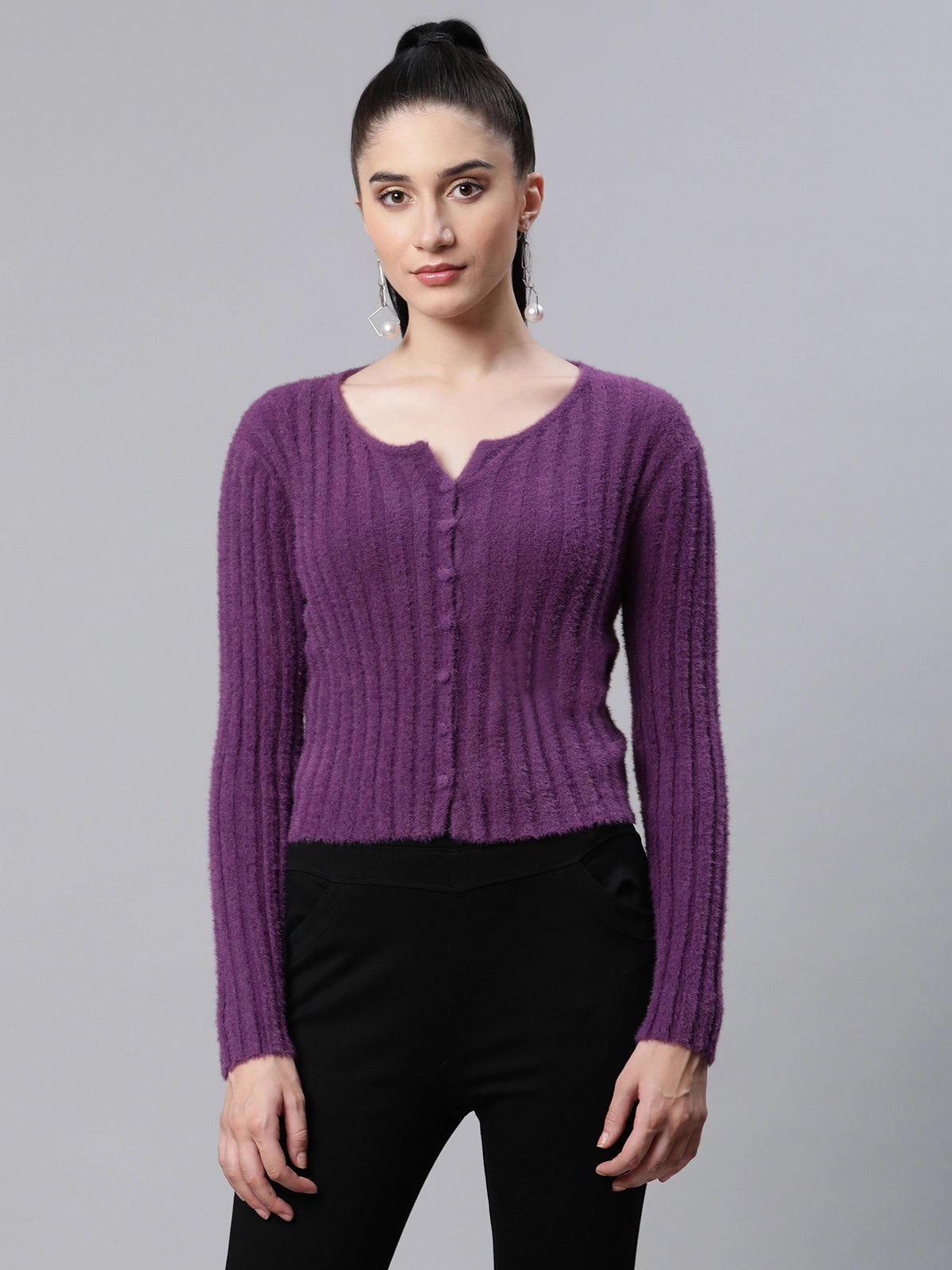Women Feather Mulberry  Slim Fit Casual Cardigan