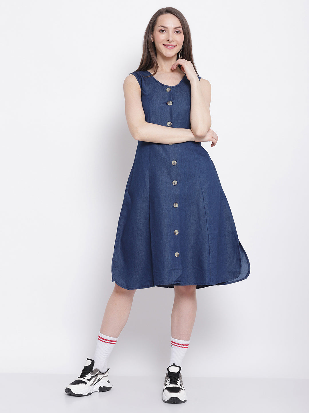 women dark blue denim a line dress