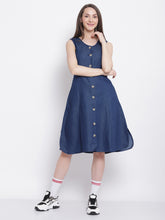 women dark blue denim a line dress