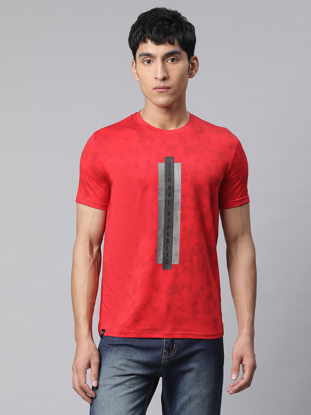 Men Red Alpha Printed Illusion T-Shirt - Global Republic