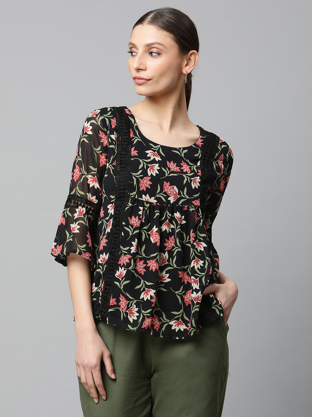 Women Flared Fit Bell Sleeves Florals Printed Blouson Top