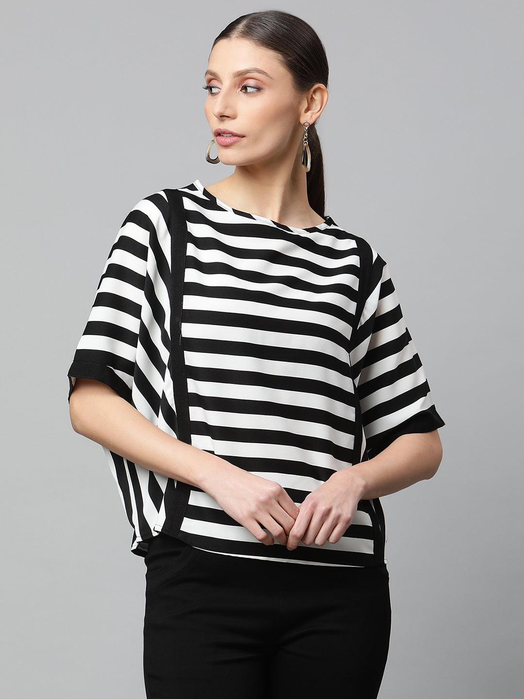 Women Loose Fit Black & White Striped Top