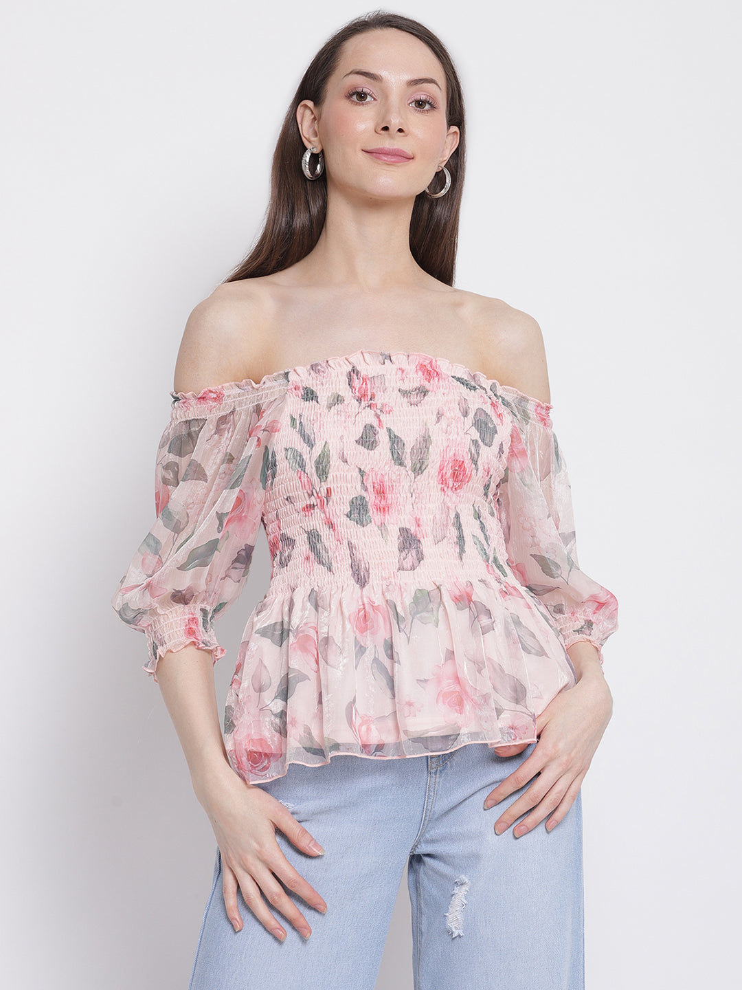 Women Off-Shoulder Pink Floral Print Peplum Top