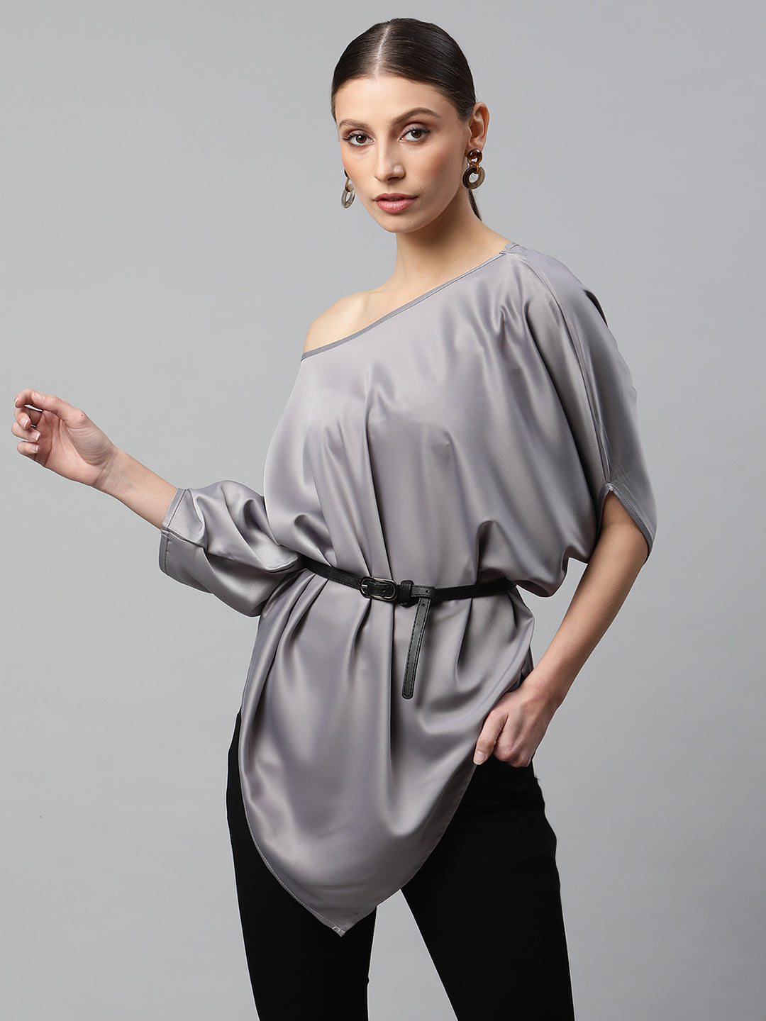 Satin Asymmetric Hem Off-Shoulder Top
