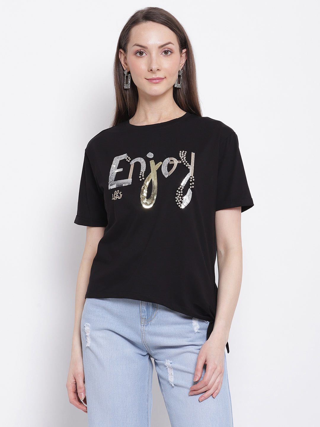 Women Black Printed Top with Knot Details at Hem