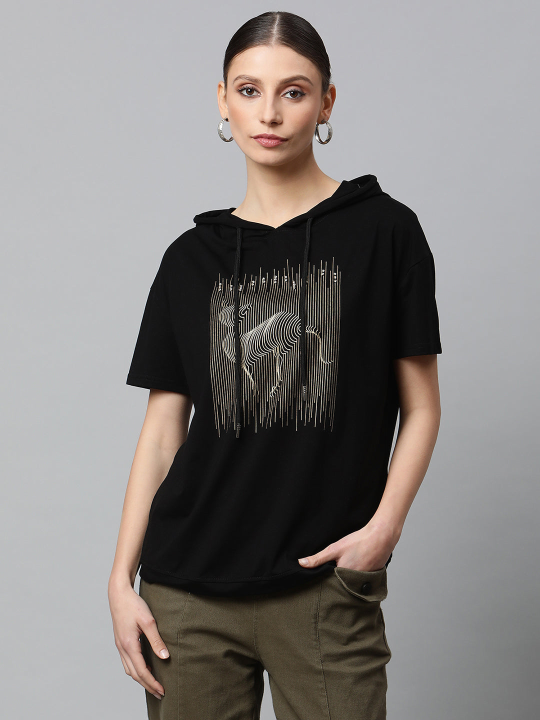 Women Black Regular Fit Hooded Embellished T-Shirt