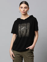 Women Black Regular Fit Hooded Embellished T-Shirt - Global Republic #