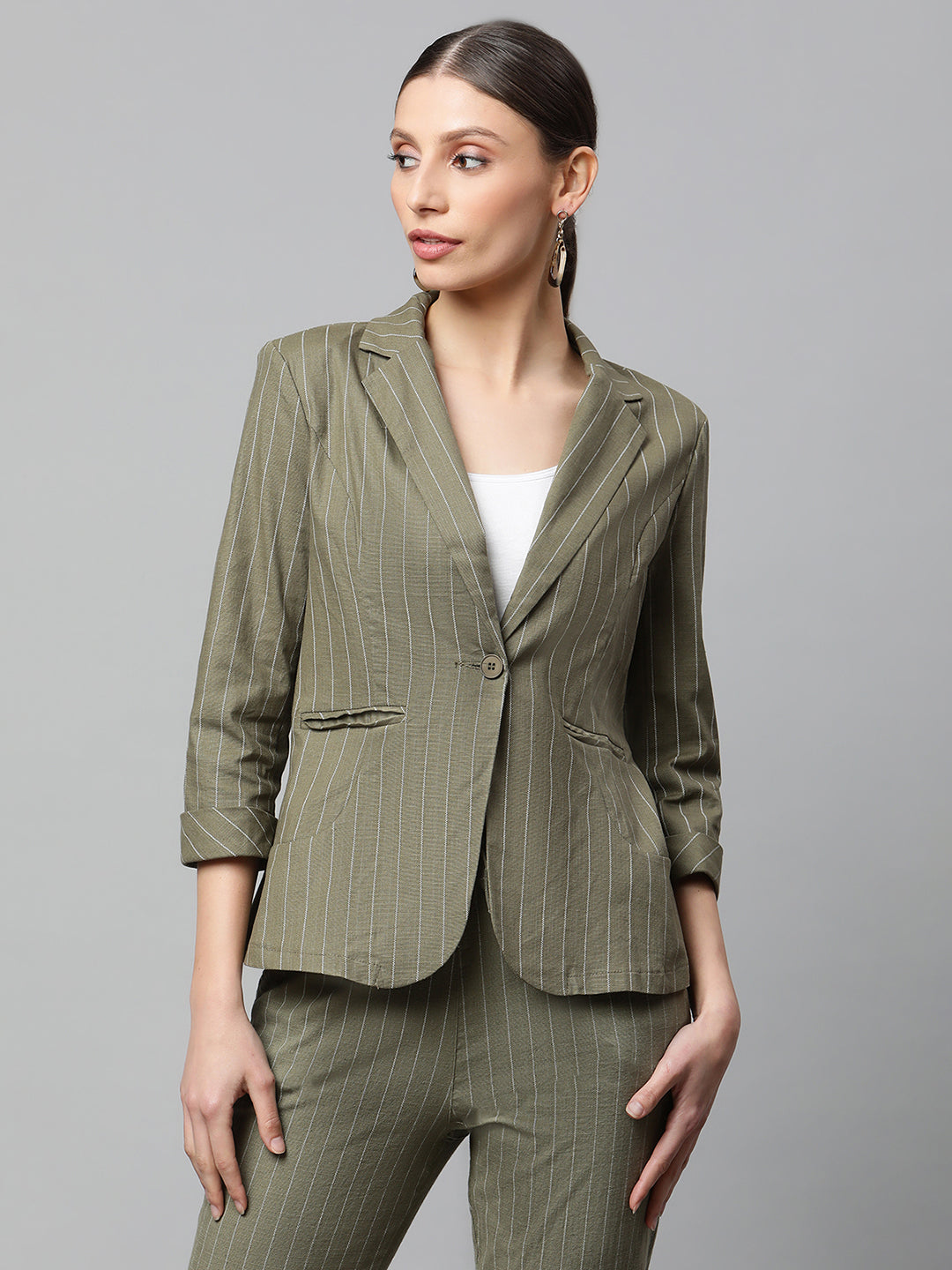 Women Olive Green & White Vertical Lines Formal Blazer