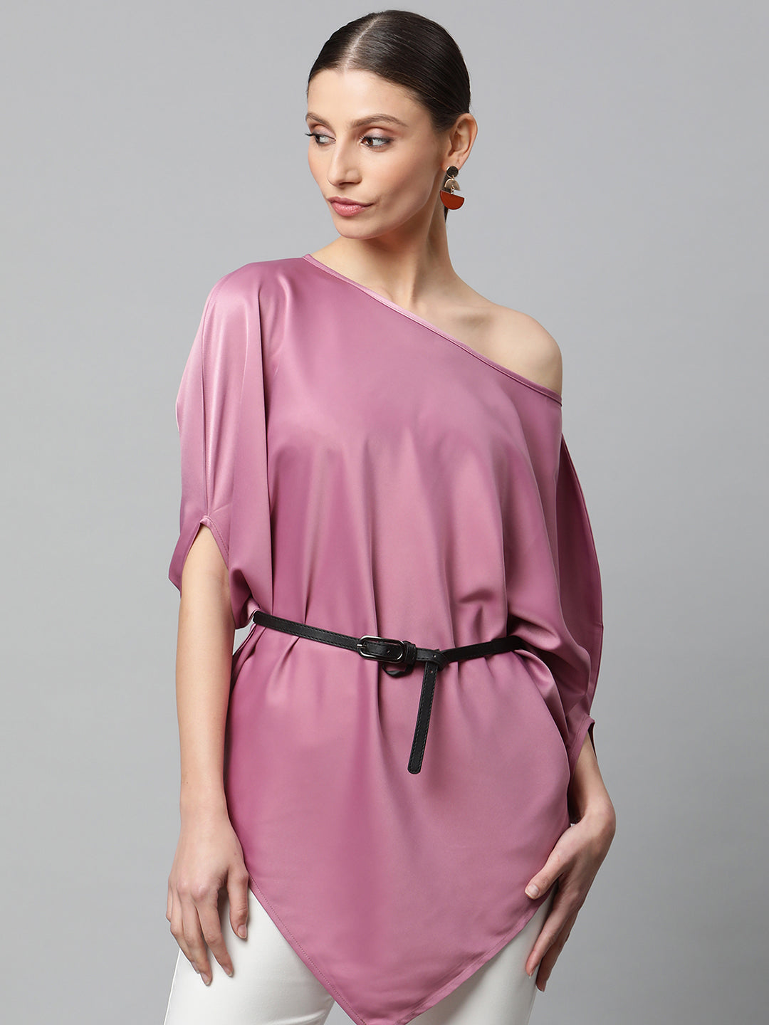 Satin Asymmetric Hem Off-Shoulder Top