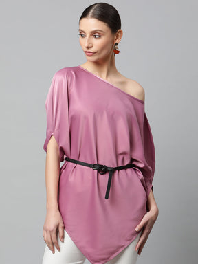 Satin Asymmetric Hem Off-Shoulder Top