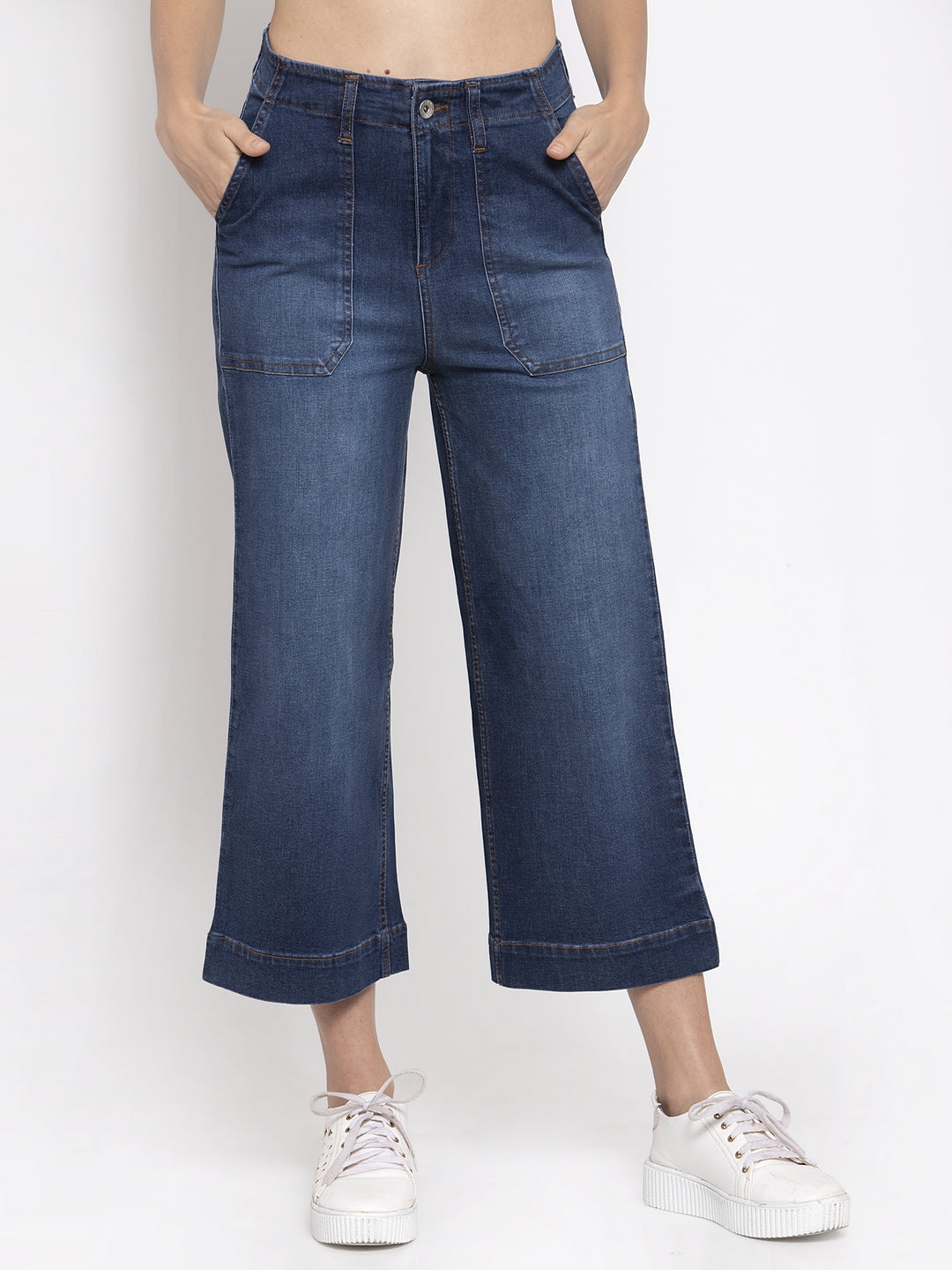Women Solid Blue Denim Wide Leg Jeans
