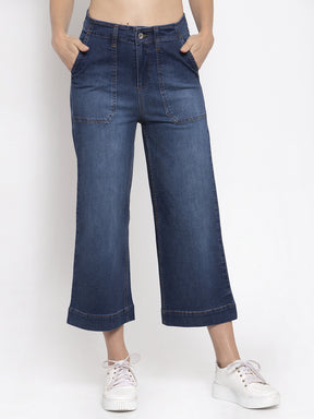 Women Solid Blue Denim Wide Leg Jeans
