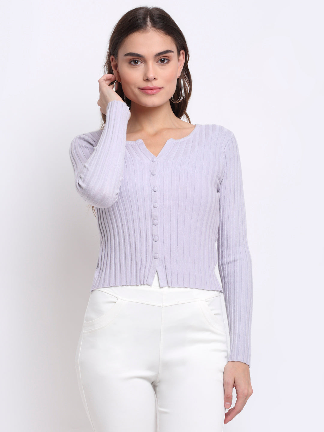 Women Purple Mandarin Collar Slim Fit Knitted Cardigan