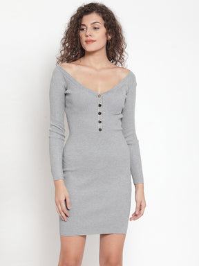 women grey cotton solid dress