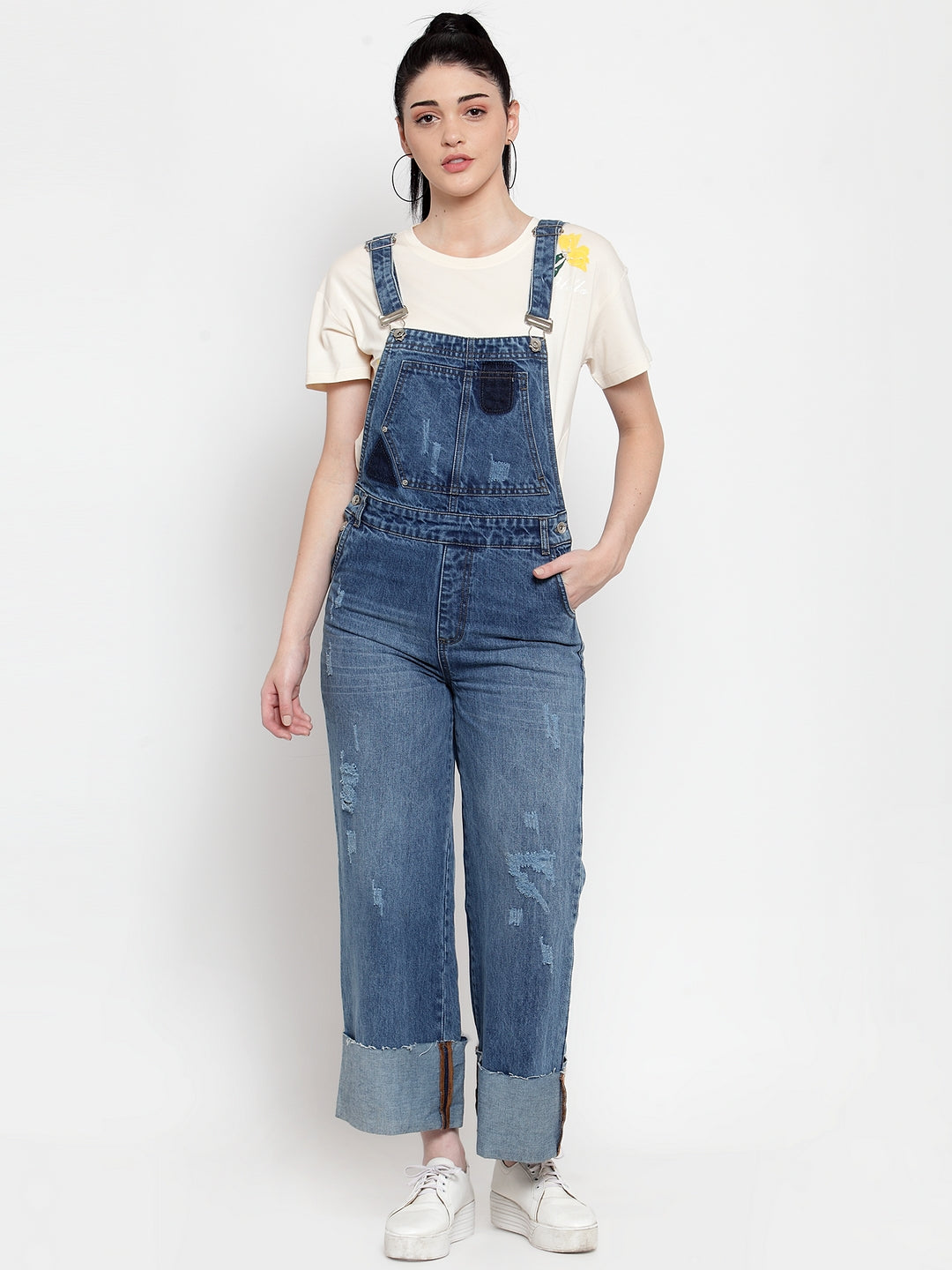 Women Blue Denim Solid Dungaree