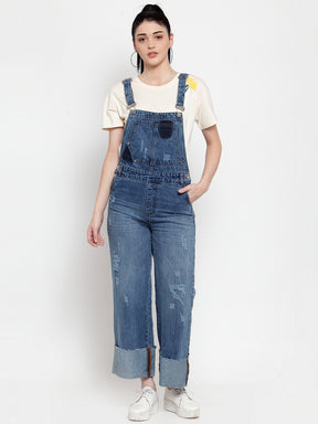 Women Blue Denim Solid Dungaree