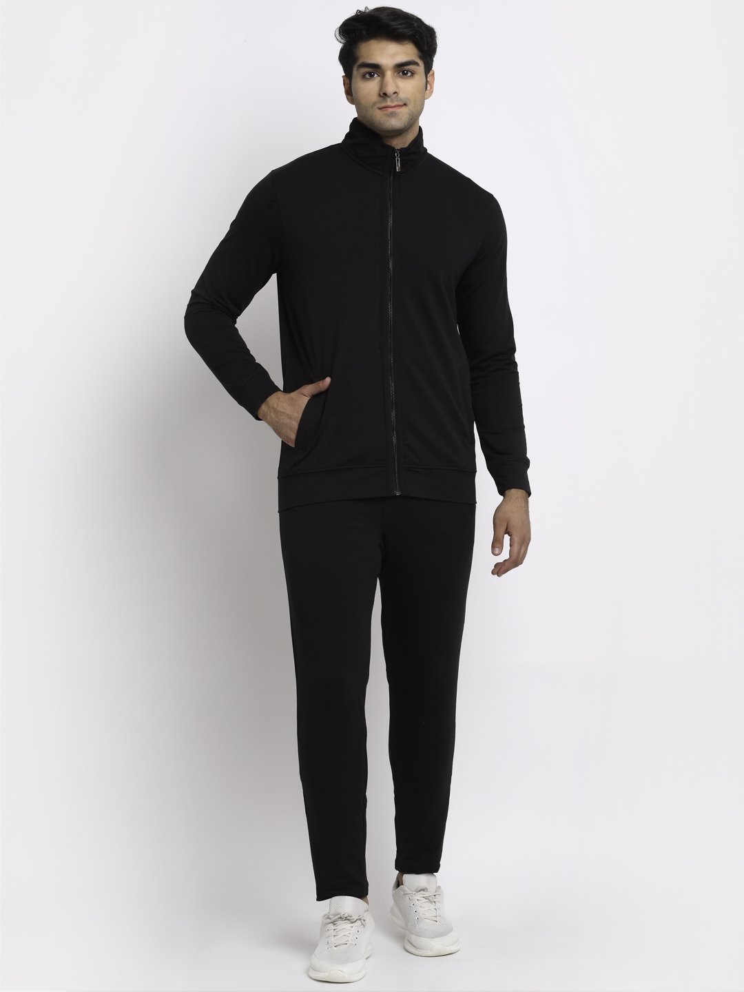 Men Black High Neck Hosiery Solid Track Suit