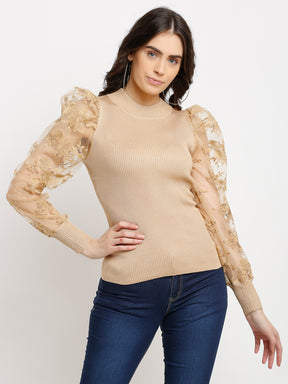 Women Beige Knitted Solid High Neck Pullover