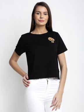 Women Black Round Neck Solid T-Shirt