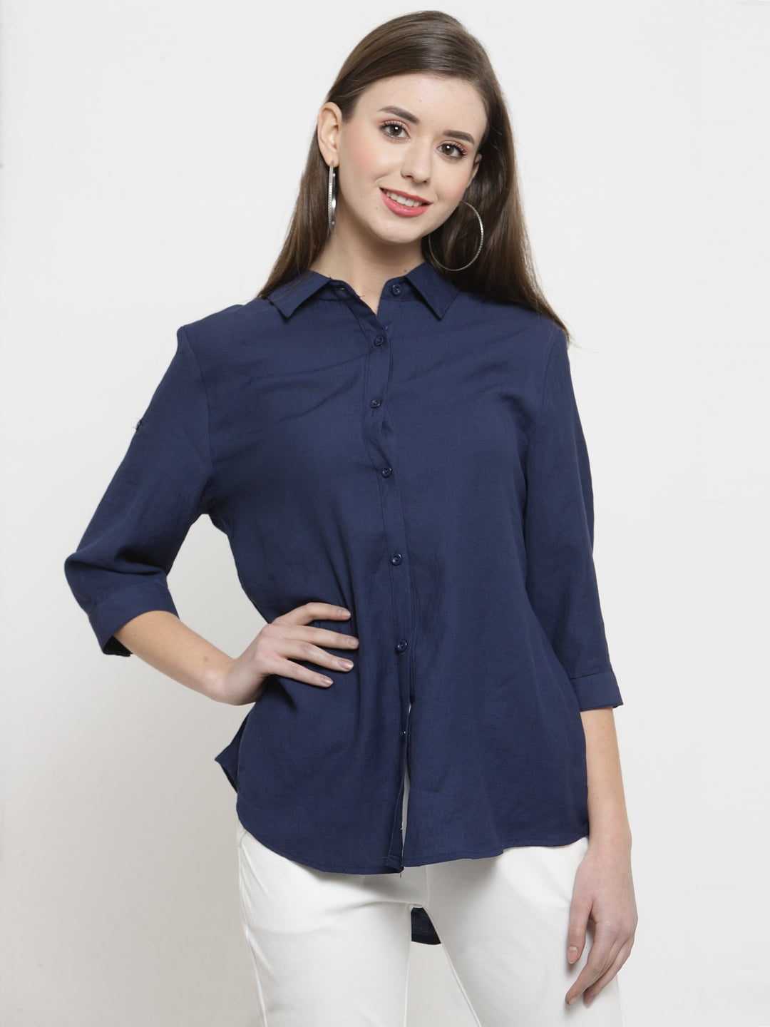 women navy blue solid cotton shirt