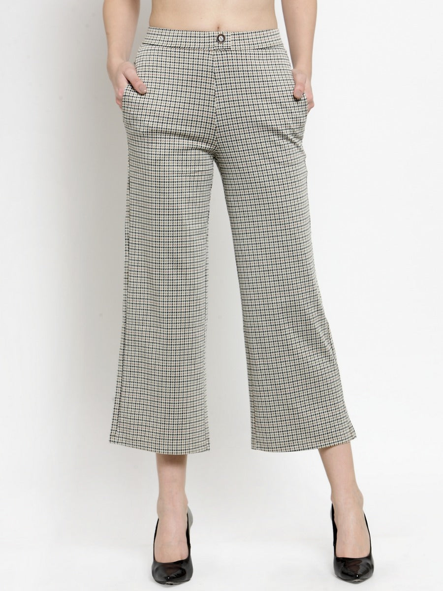 Women Off-White & Black Flared Trousers With Checks.