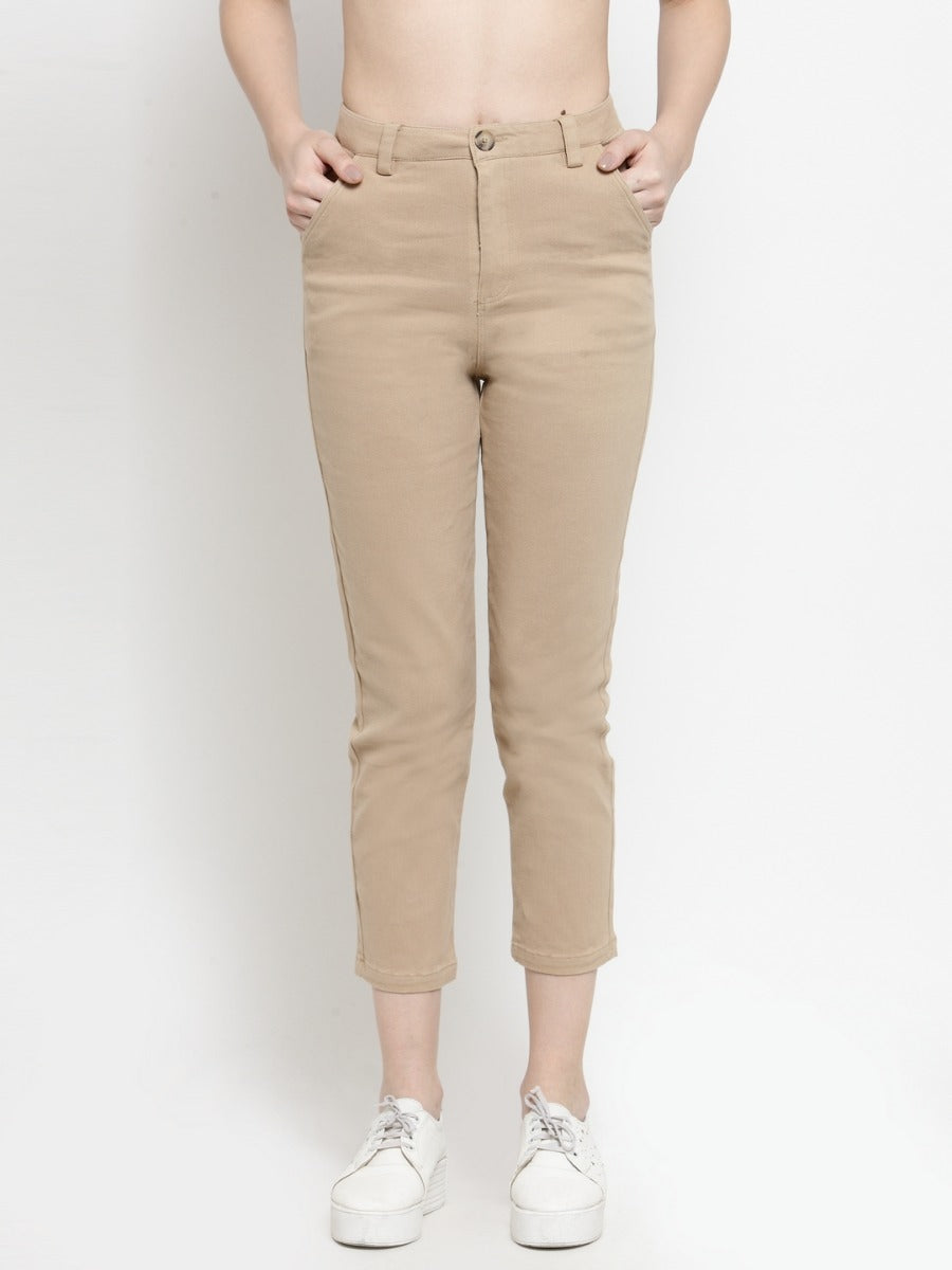 women solid khaki ankle length trousers